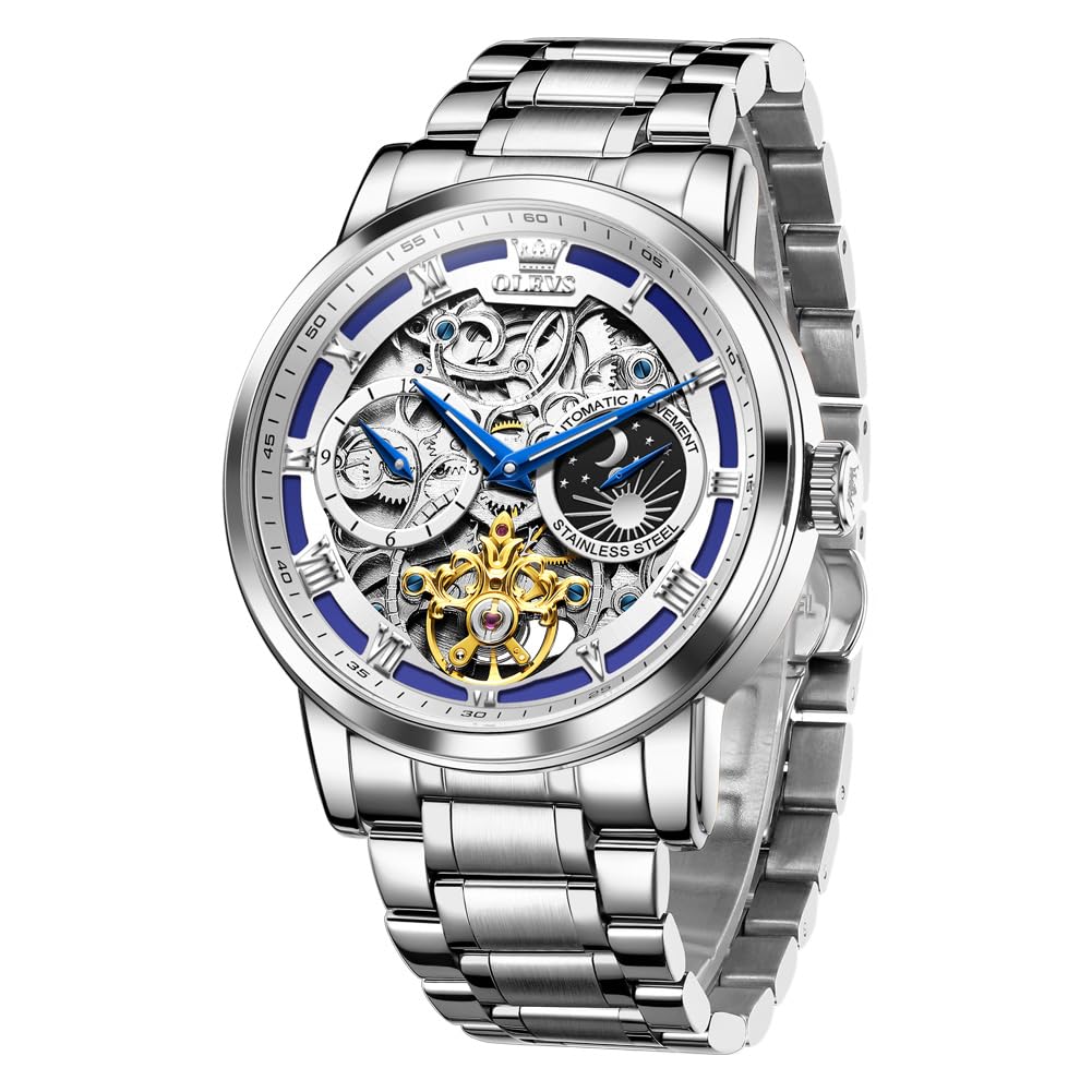 - Automatic Men Watch Self Winding Mechanical Moon Phase Business Luxury Diamond Dress Stainless Steel Waterproof Luminous Mens Wrist Watch