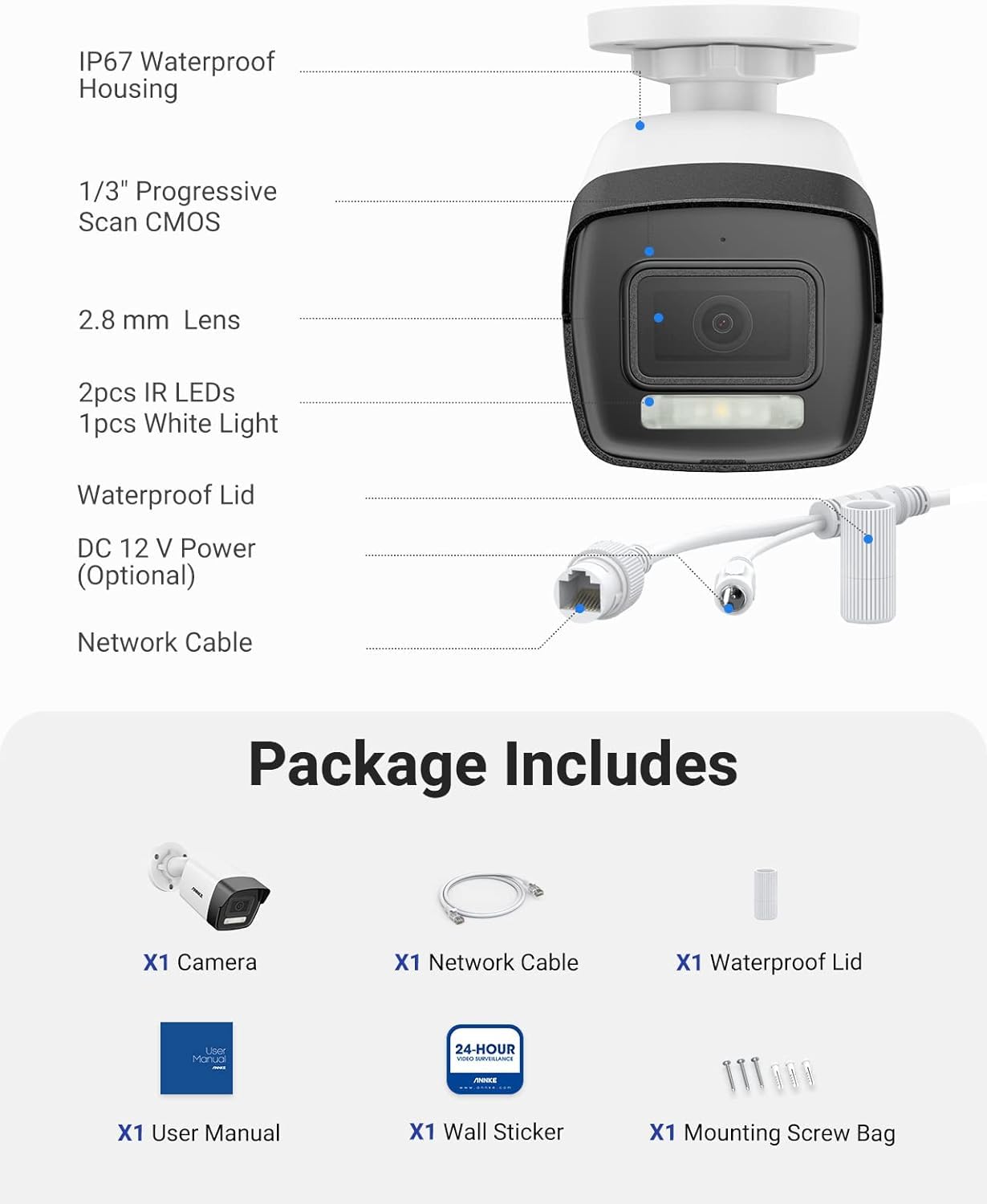 ANNKE Telecamera di sorveglianza 3K PoE per esterni, telecamera IP con fari, rilevazione di persone e veicoli, H.265+, visione notturna a colori, slot per schede micro SD integrato, 120 dB WDR, IP67