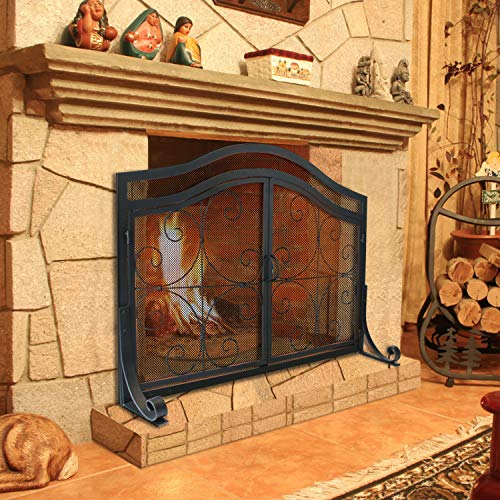 Wbhome Fireplace Screen With Doors Large Flat Guard Metal Decorative Mesh Cover Baby Safe Proof Wrought Iron Firewood Burning Stove Accessories Black (45”L X 15’’W X 33’’H) #TOP6