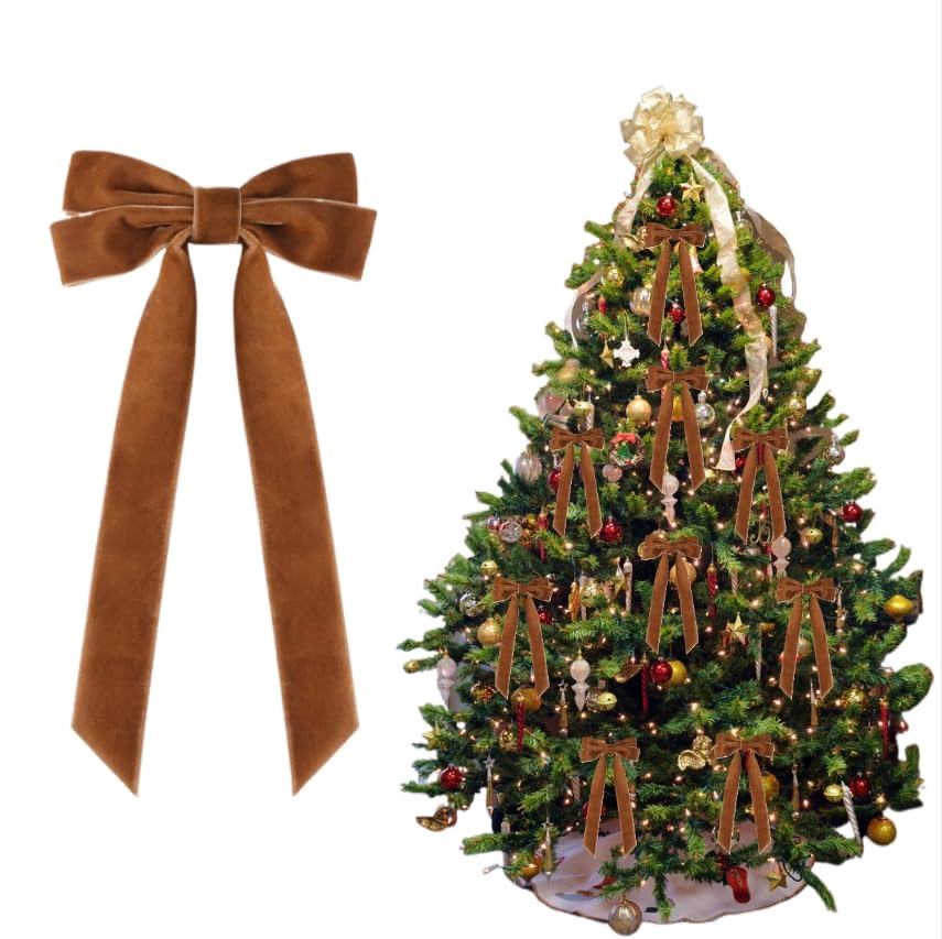 12 Pcs Velvet Christmas Wreath Bow, Christmas Tree Bow Decoration, Vintage Velvet Ribbon Bows Rustic Crafts Gift Bows for Indoor Outdoor Wreaths Garland Holiday Xmas Tree Decor (Rose Gold)
