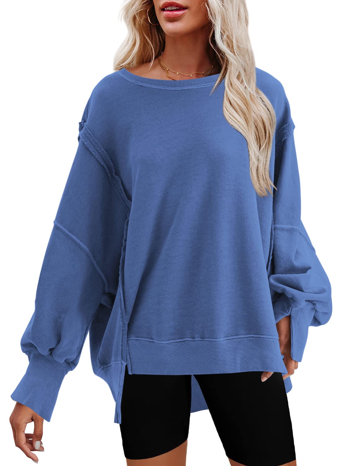 Nirovien Womens Oversized Crewneck Sweatshirt Side Slit Long Sleeve Pullover Slouchy Fit Tops