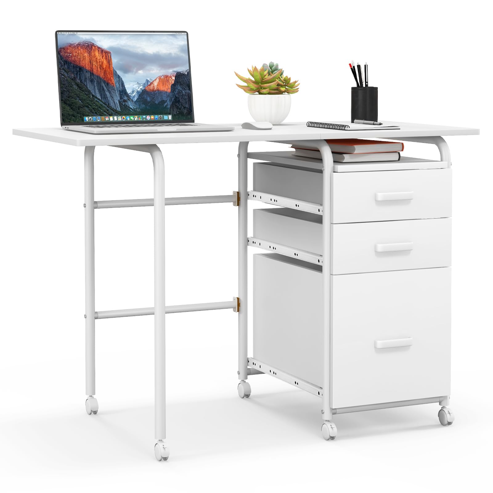 GIANTEX Escritorio de Ordenador Plegable con 3 Cajones de Almacenamiento, Mesa de Marco Metálico con Ruedas con Cerradura 360°, Mesa Auxiliar para Salón, Dormitorio (Blanco)