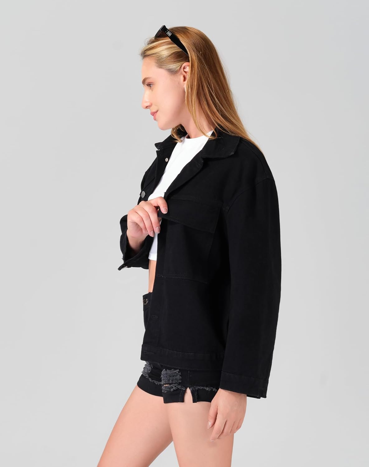 roswear Denim Jacket Coat for Women with Flap Chest Pockets Casual Oversized Jean Jackets - Image 2