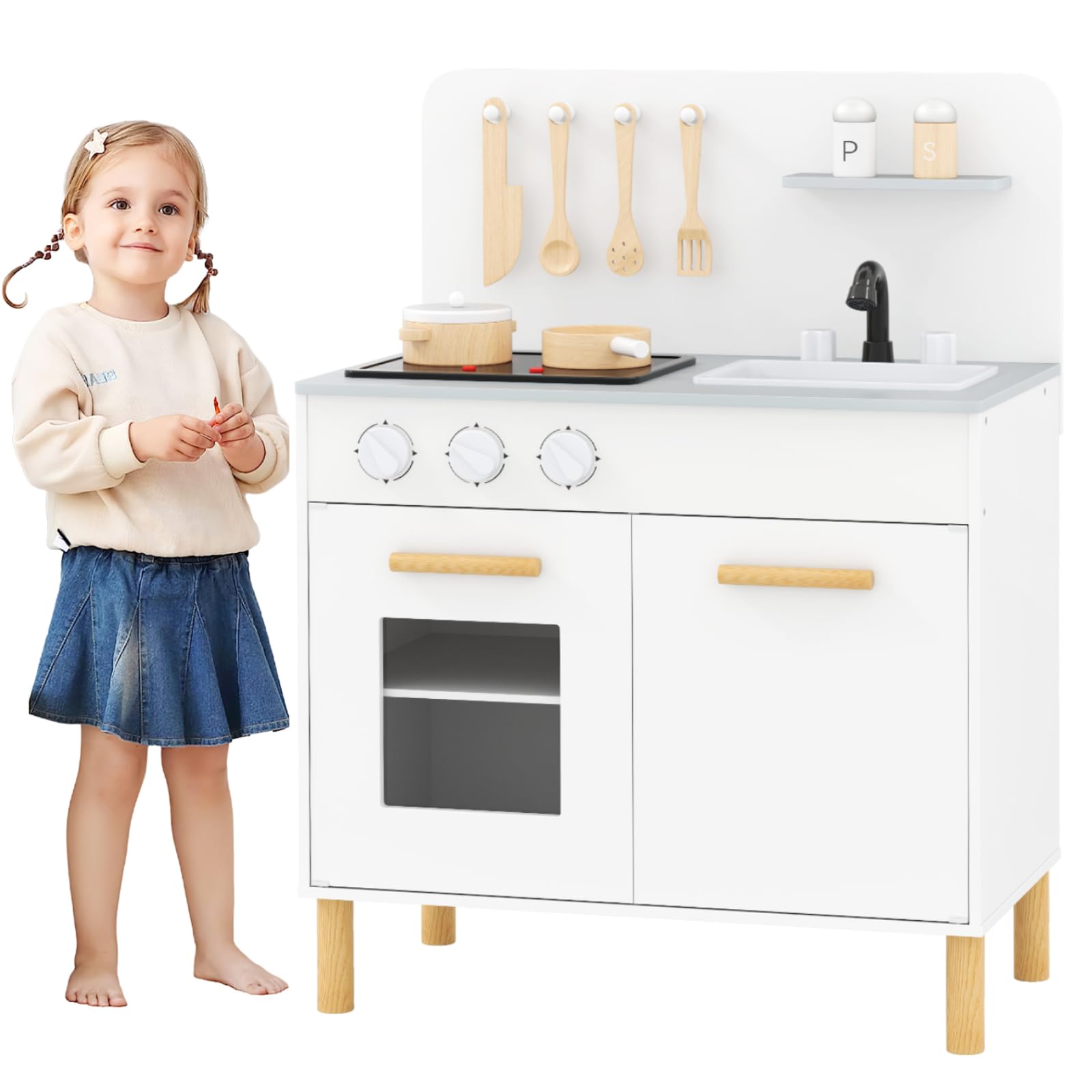 Maxmass Wooden Kids Kitchen, Children Role Play Kitchens with Sound, Lights, Oven, Faucet, Sink, Utensils, Toddler Toy Kitchen Pretend Toy Set for 3+ Years Old Boys Girls (White)