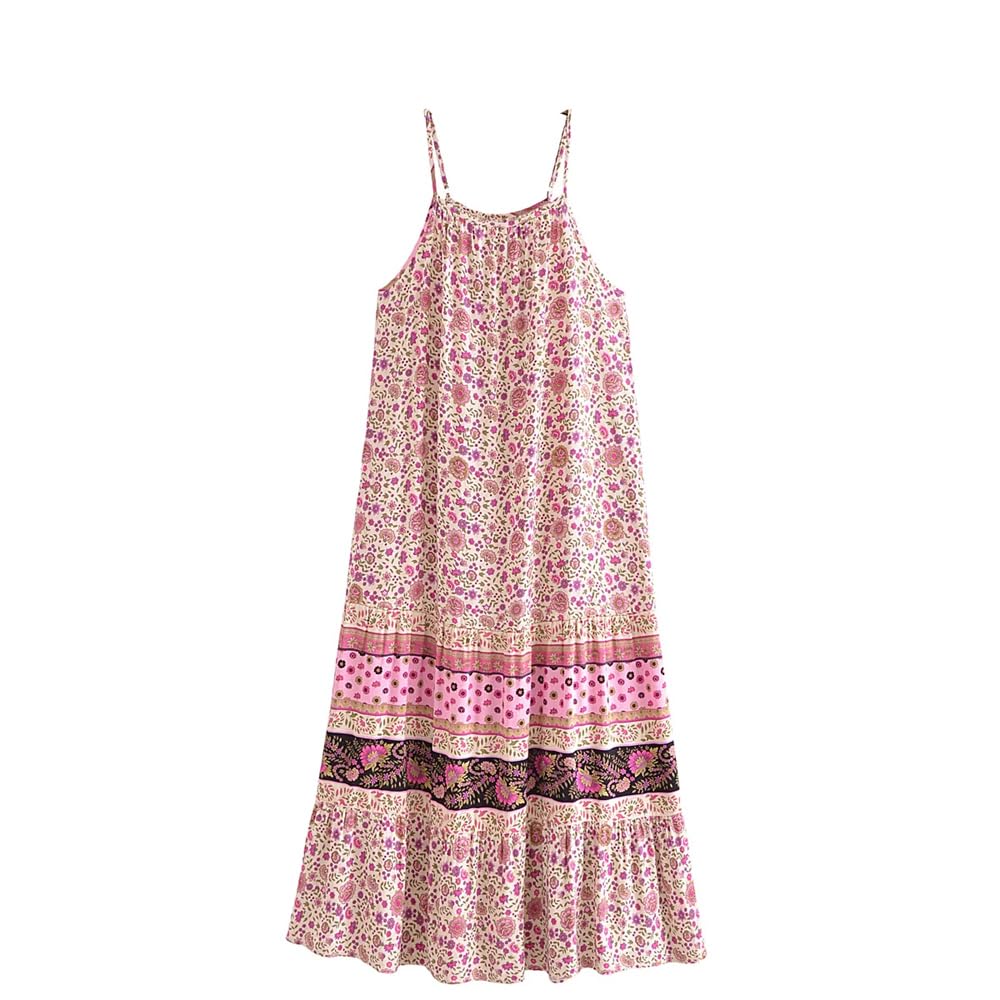 Vestido largo midi con estampado floral en contraste bohemio para mujer, holgado, dobladillo fruncido, bata de vacaciones