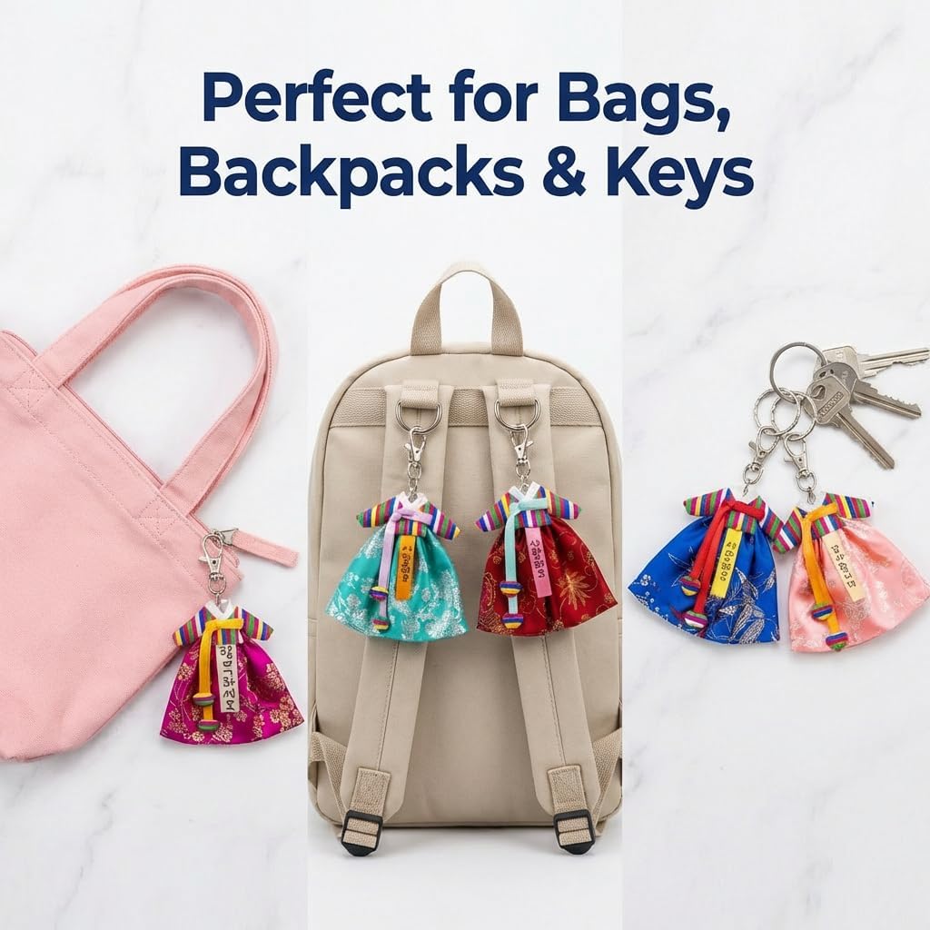 Korean Traditional Dress Design Keychain Set of 5 – Korean Key Ring Souvenir Gift, Colorful Cultural Bag Charm
