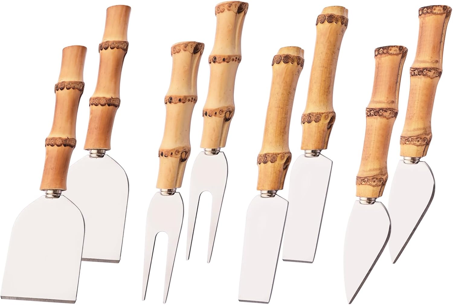 Bamboo Cheese Knife Set, 8-Piece Steel Stainless Cheese knife Set with Bamboo Handle, Mini Cheese Cutter, Cheese Fork, Cheese Slicer, Spreader, For Party, Travel and Kitchen