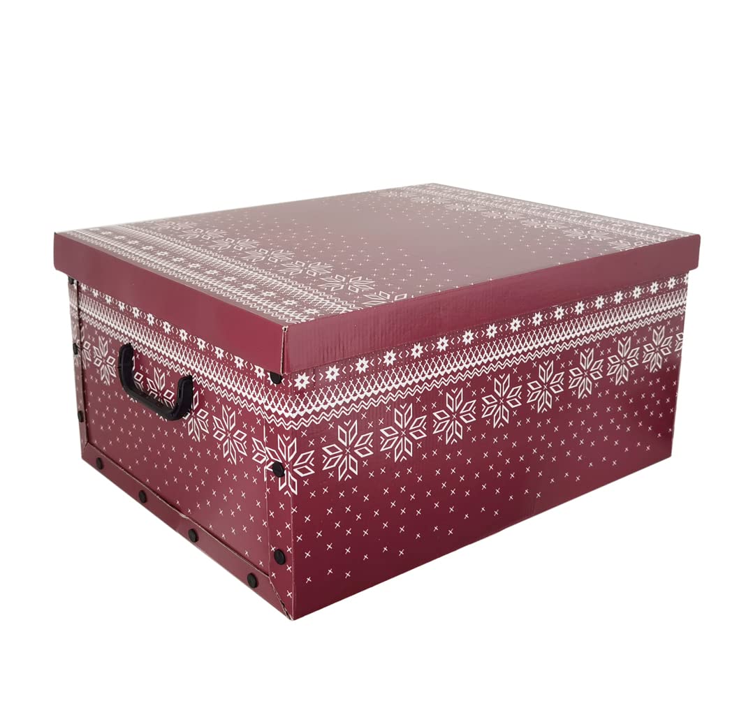 Kreher Set aus 3 Deko Kartons aus stabiler Pappe mit Griffen aus Kunststoff und Deckel. Mit Einsätzen für ca. 40 Christbaumkugeln. Design in Rot mit Schneeflocken. Stapelbar. Zur Selbstmontage.