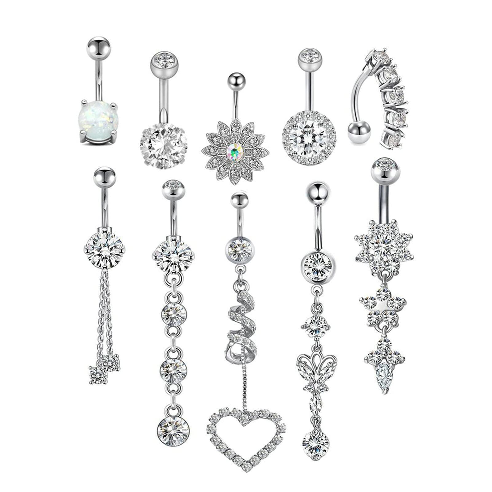 Gualiy 10 Pezzi 316L Acciaio Inossidabile Piercing Ombelico, Piercing Estivi Ombelico Fiore e Rotondo Zirconia Cubica Ciondola Piercing Gioielli