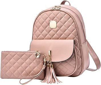 JiaYou Rhomboid Pattern Backpack Sets Women fashion 2Pcs Daypack with handbagPink,8 Liters