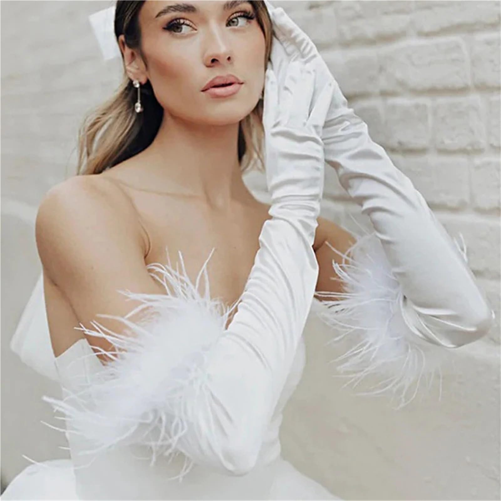 2 Paia Guanti in Raso Piuma Peluche Lunghi Elastici for Feste da Ballo Donne Halloween Diserbo for Trucco Teatrale Opera Per Feste E Balli