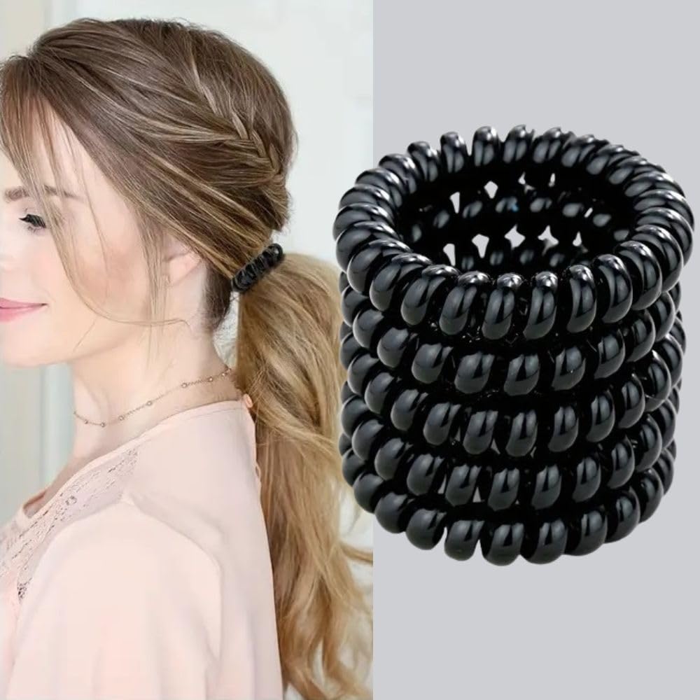 5pc Elastic Spiral Hair Ring Ties Women Black Telephone Wire Cord Rubber Bands Headwears Scrunchies Ponytail Holder Coil Ties for Thick : Perfect for Ponytails - No Creases, Plastic Spiral Design-image-21
