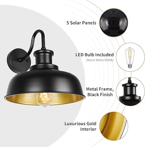 Miniatura 3 de RZSR007-2 BK - Lámpara solar de granero para exteriores, con cuello de cisne, lámpara de pared exterior de granja, lámpara industrial exterior,