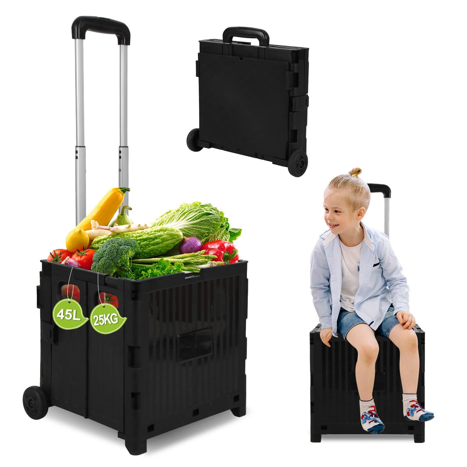 Einkaufstrolley Klappbar, mit neigbarer Teleskopgriff & Deckel, 2 x Rollen, bis 35 kg, 45 Liter Kiste, Trolleys für Einkauf, Märkte und Camping, Schwarz