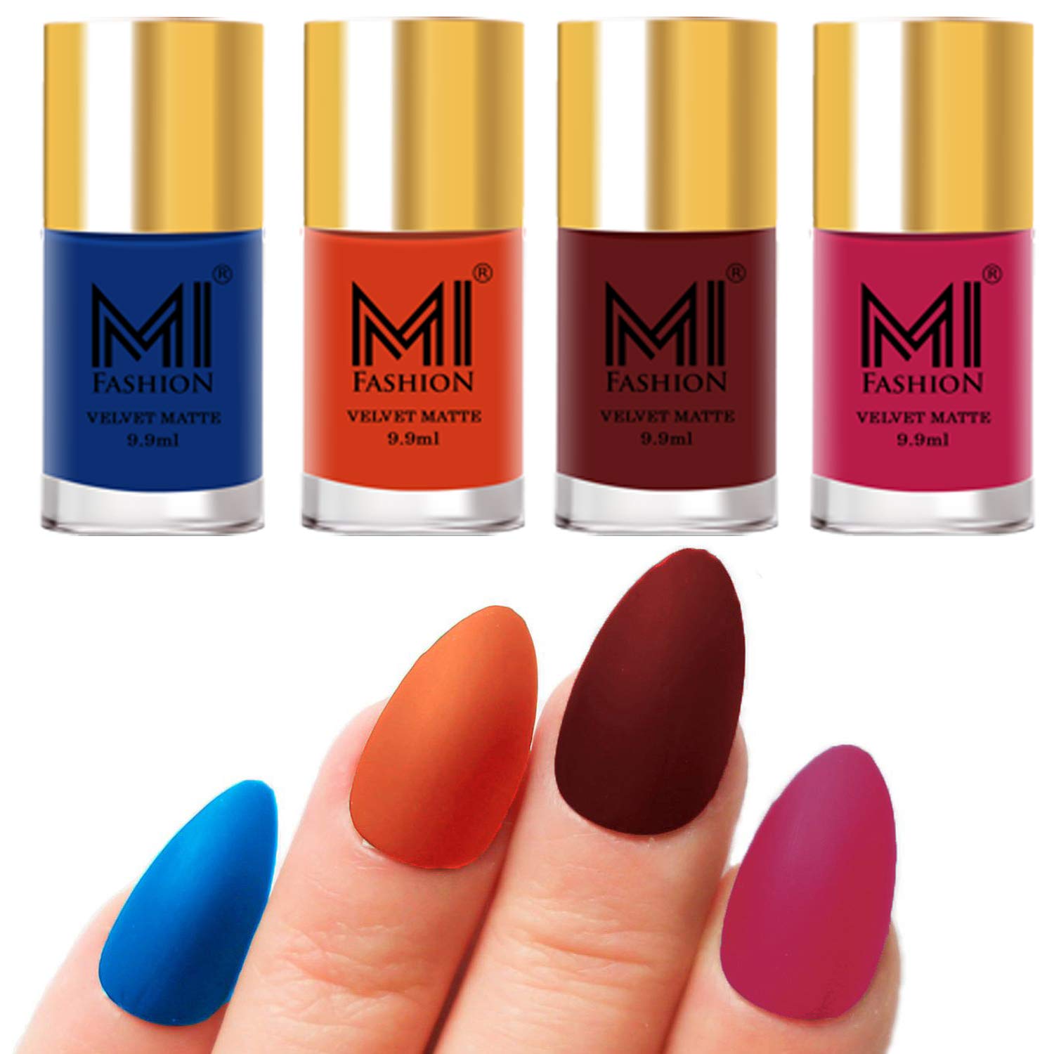 MI FASHION Velvet High Finish Matte Nail Polish Combo Set Radiant Nails 9.9ml Each Navy Blue, Orange, Maroon, Pink (Pack Of-4)-image-4