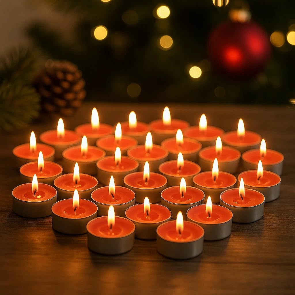 Marco Paul 25 Pcs Red Tea Lights Candle Set Apple Spiced Scented Tea Light Candles Tealights 4 Hour Clean Burn for Weddings Dinner Tables Tealights Candles for Christmas Decorations