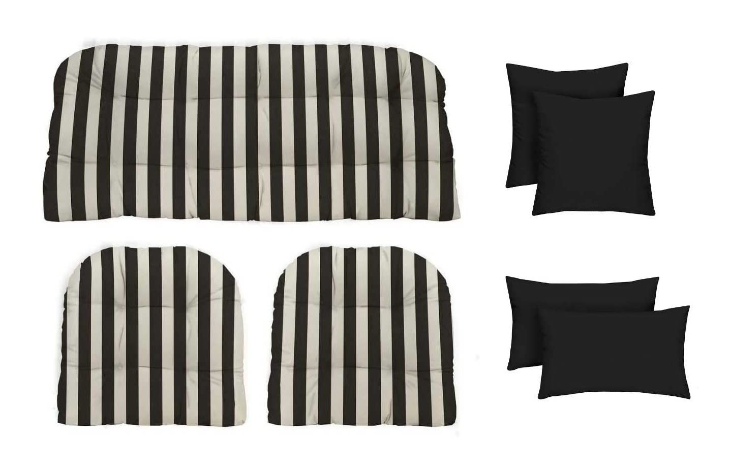 RSH Décor Indoor Outdoor 7 Piece Tufted Wicker Cushion Set + Pillows, (Standard, Black & White Stripe + Black)