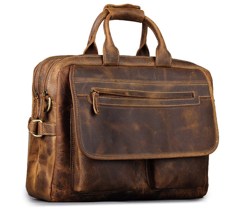 leather castle Vintage Buffalo Hide Office Briefcase 16 Inch Laptop Bag, Mens Messenger Shoulder Bags, College School Satchel Handbag