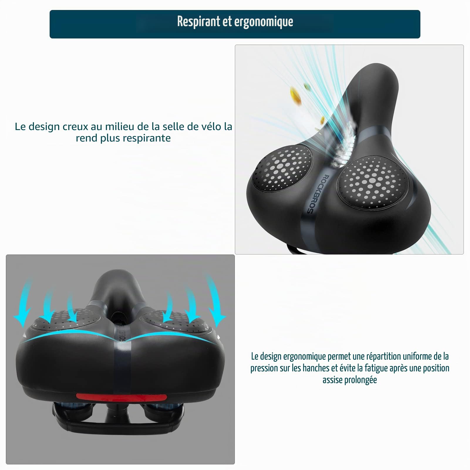 ROCKBROS Selle Vélo Confortable, Selle de VTT Confort Ergonomique, Siège de Vélo Gel Creux Respirant Amortisseur Imperméable Réfléchissant Stable pour VTT Vélo de Route Vélo de Ville Noir Marron