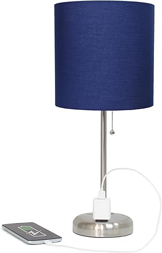 Miniatura 1 de Simple Designs LT2024-NAV-2PK Two Pack Brushed Steel Stick Table Desk Lamp Set with Charging Outlet and Drum Fabric Shade for Living Room, Hallway,