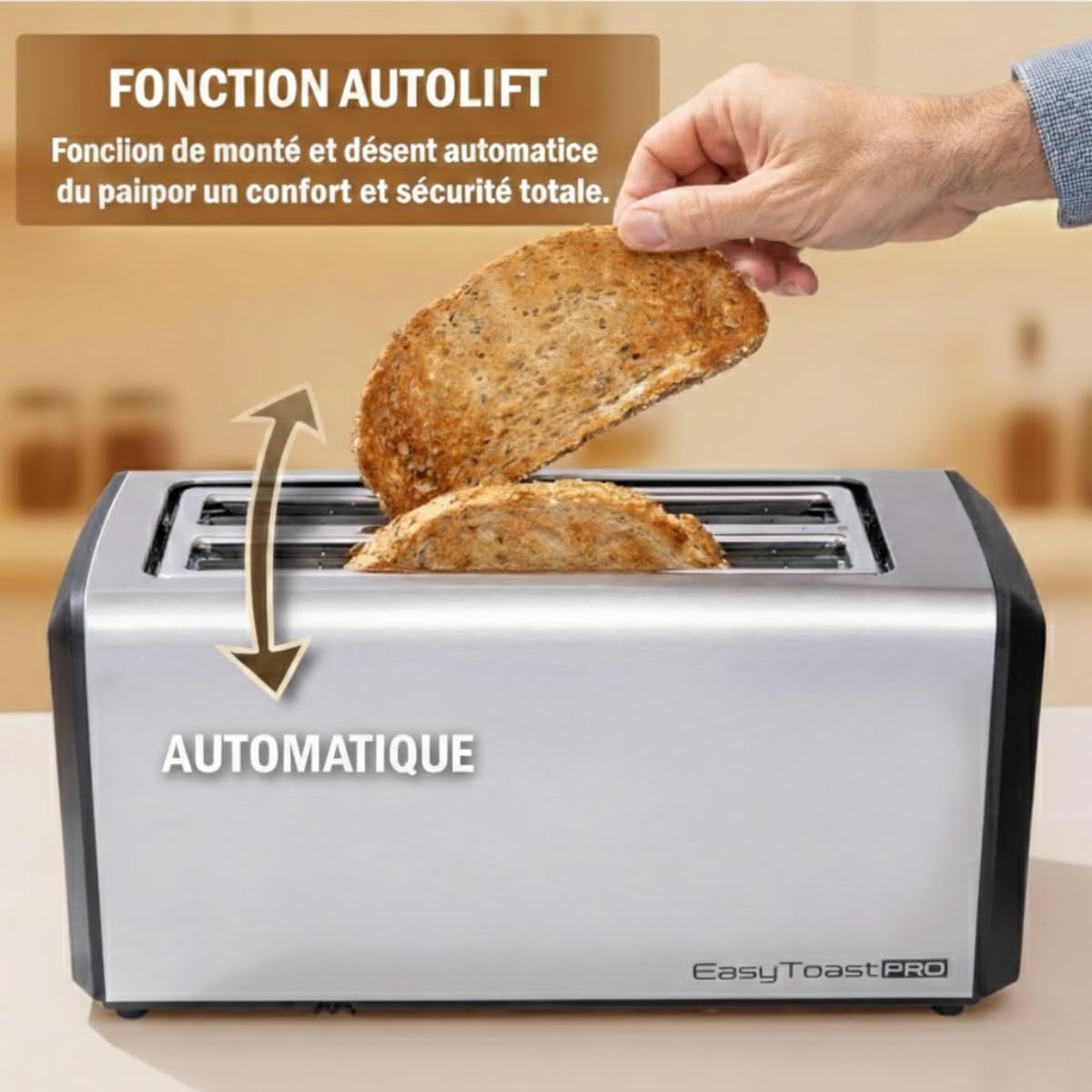 Grille Pain Intelligent avec Écran Tactile Toaster Motorisé (Auto Lift) Fente Longue 26cm Baguette Inox 6 Niveaux Dorage Décongélation Réchauffage Compte à Rebours Support Viennoiserie Ramasse Miettes