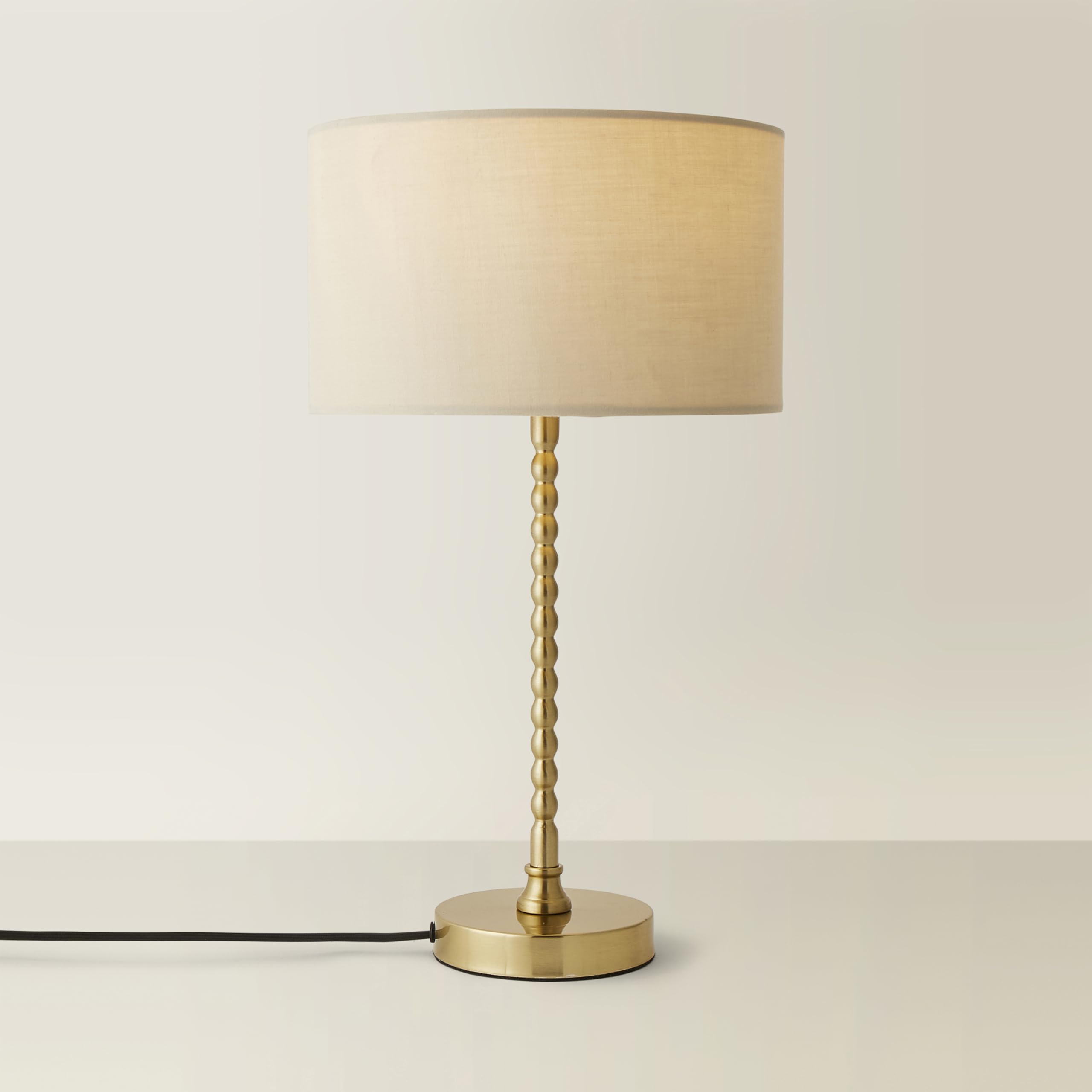 ValueLights Maeve Fabric Drum Lamp Shade Brushed Gold Bobbin Bobble Table Lamp in Natural
