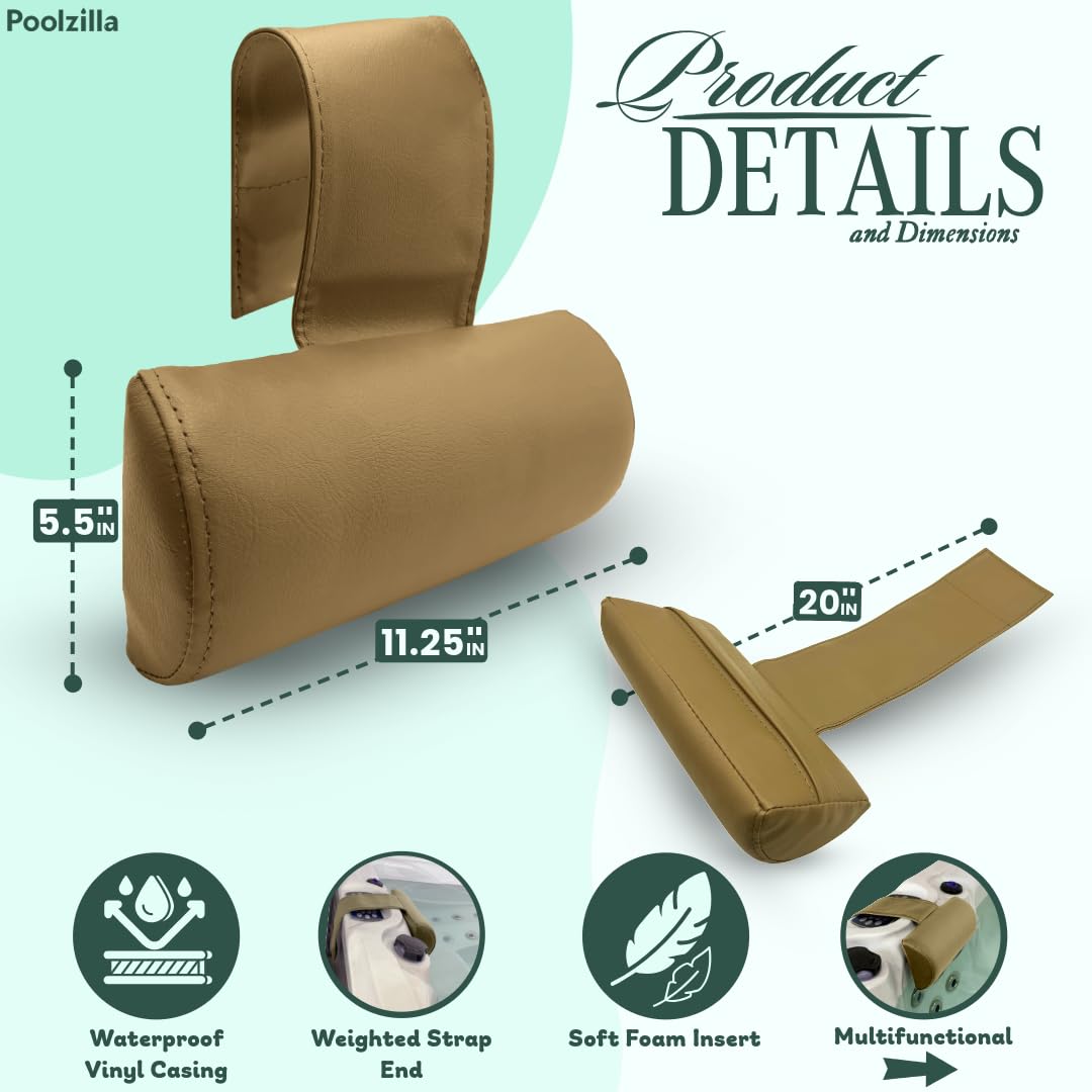 Poolzilla Universal Beige Spa Pillow, (2 Pack) Made of Soft Foam for Outdoor Hot Tubs and Chaise lounges - Adjustable Headrest and Weighted That Fits Any Spa