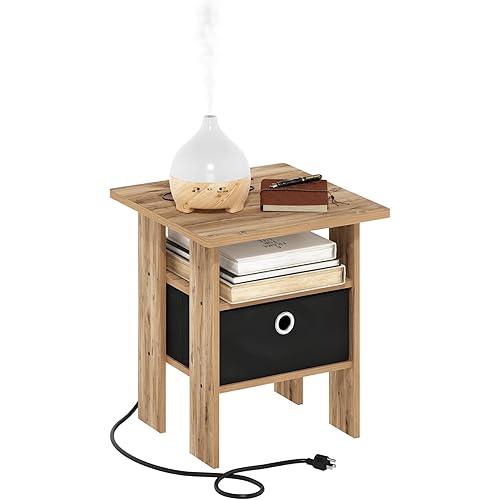 Furinno Andrey USB and Type-C Port Charging Station End Table with Storage Bin, 15.55 (W) x 12.56 (H) x 8.5 (D) inches, Flagstaff Oak/Black
