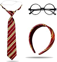 FOSDICK 3 Pieces Red and Yellow Striped Headband and Tie with Black Round Glasses Without Crystals, Costume Wizard Child Adult, Ties Headbands Glasses Witch Costume Kids Accessories for Carnival