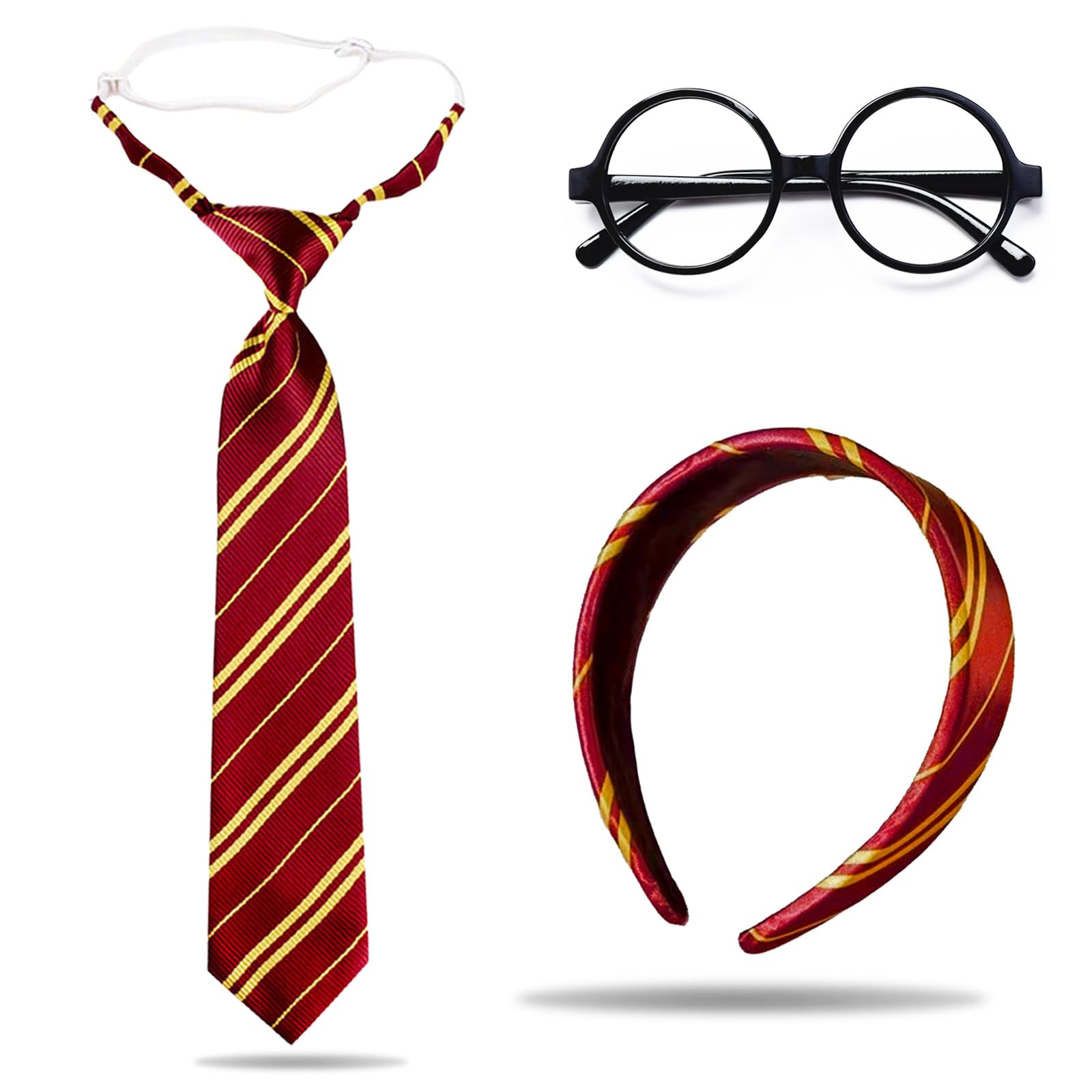 FOSDICK Wizard Costume Accessories 3 Pcs Burgundy Red and Yellow Stripe Headband Tie Black Round Glasses Without Lenses, Kids Magician Costume for World Book Day, Cosplay Party, School Events, Unisex