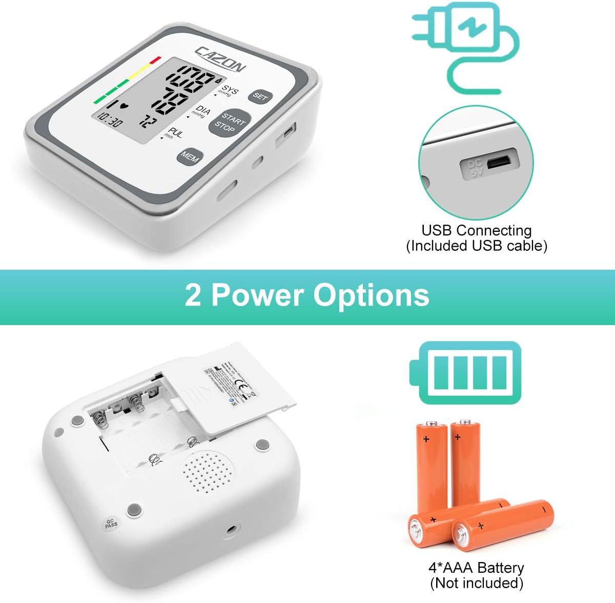 CAZON Blood Pressure Monitor showing battery compartment and USB port