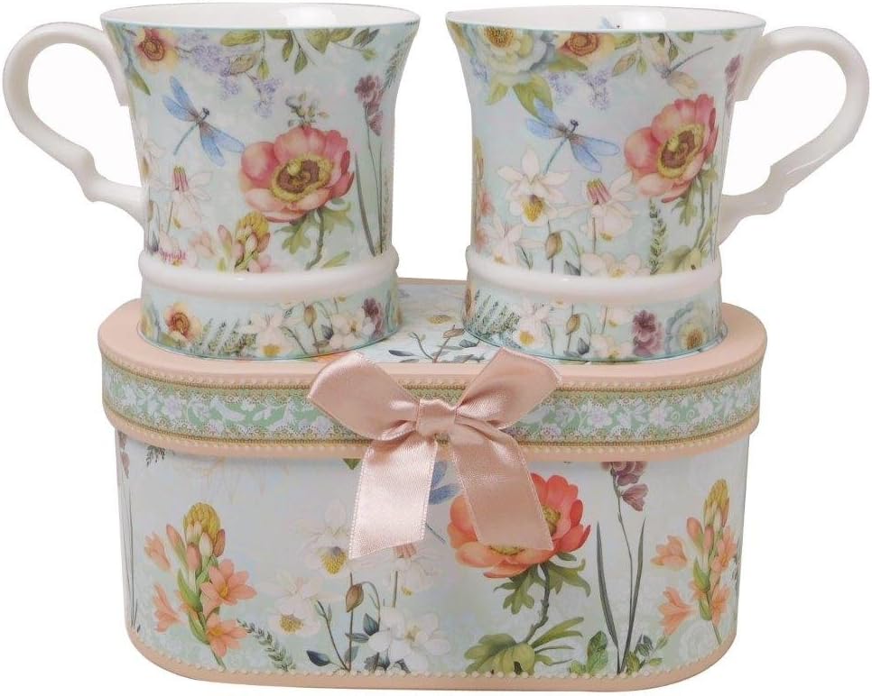 Lightahead® Elegent Bone China Unique Set Of Two Coffee Mugs 10 oz each cup set in attractive gift box elegant floral design