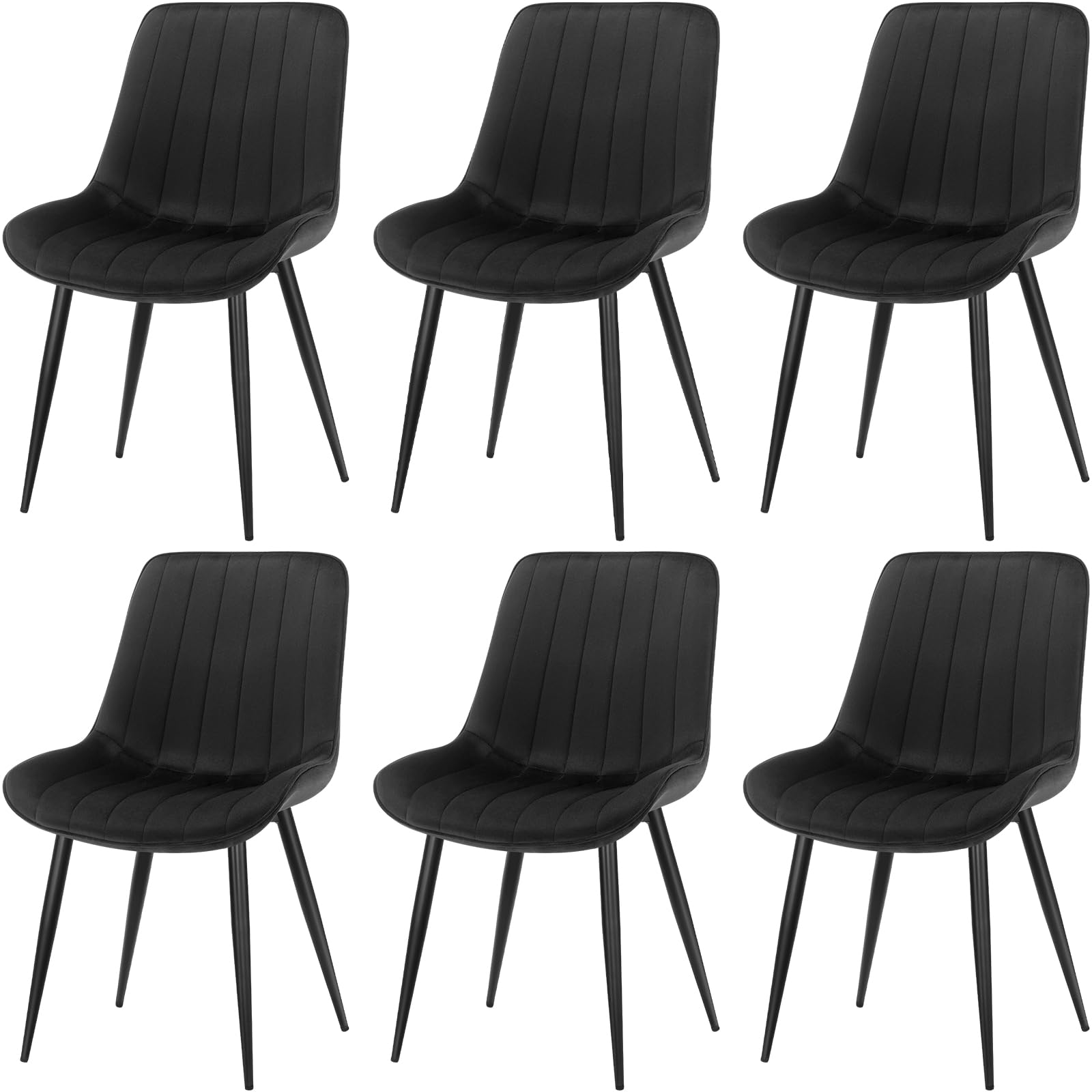 LONGTOO Set of 6 Dining Chairs with Velvet Upholstered Seat & Backrest,Stable Metal Legs,Modern Stripe Design,Black