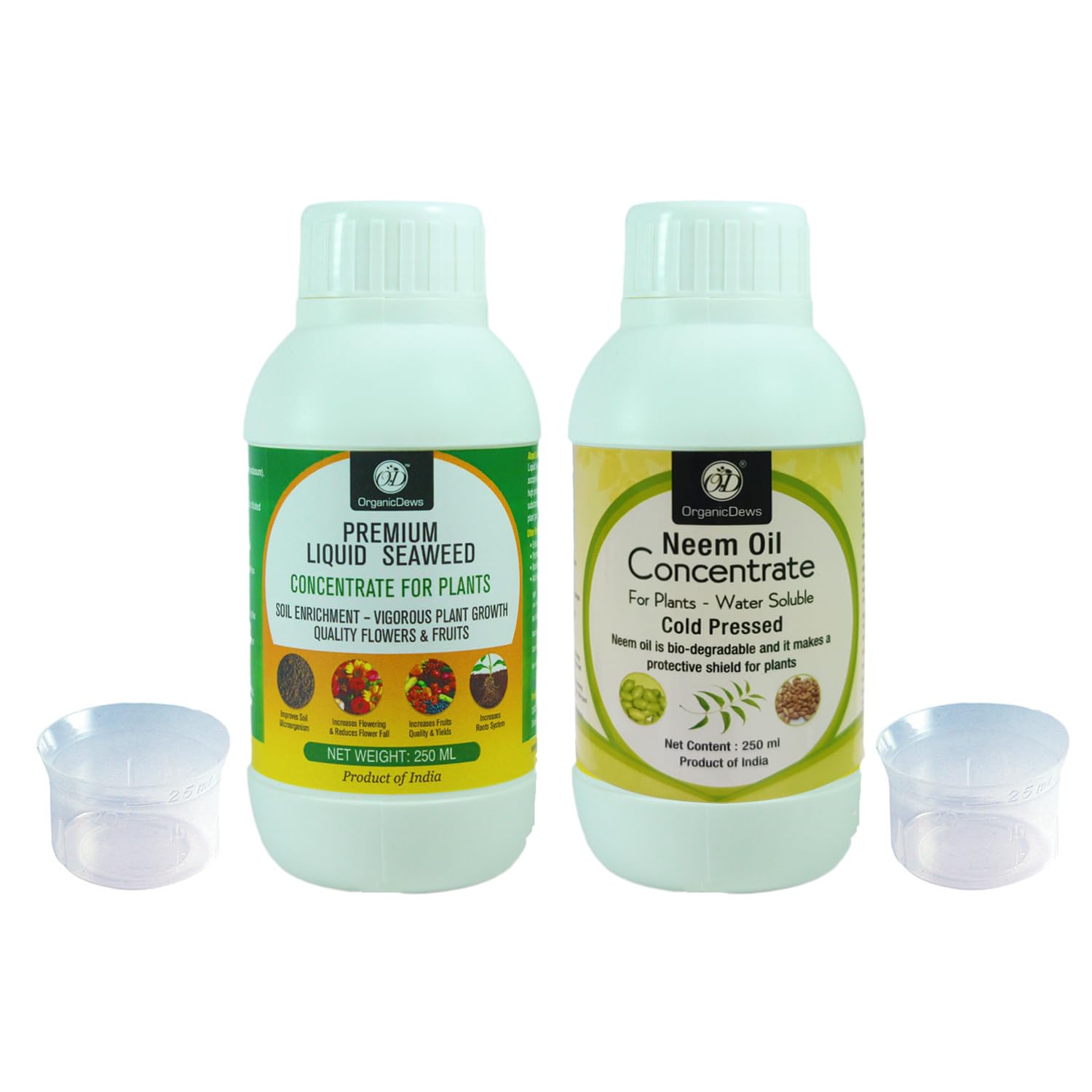 OrganicDews Liquid Seaweed Fertilizer(250 ml) & Neem Seed Oil 1500 PPM(250 ml) Combo with Measuring Cup 25 ml - Plant Growth Enhancer, Soil Conditioner, Plant Protector