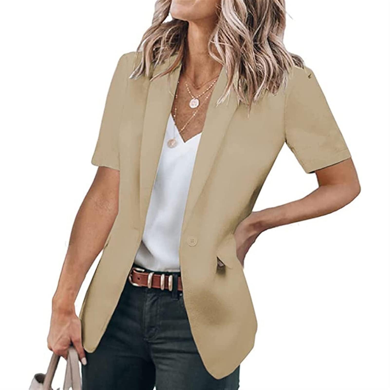 Chaqueta tipo blazer informal de manga corta para mujer, con frente abierto, talla grande, ligera, traje de trabajo para oficina