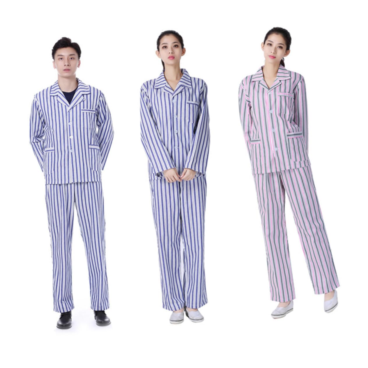 FRCOLOR Pijama Algodón Manga Larga Cómodo para Hospital y Hogar Conjunto Unisex con Botones y Azul y Blanco Rayas