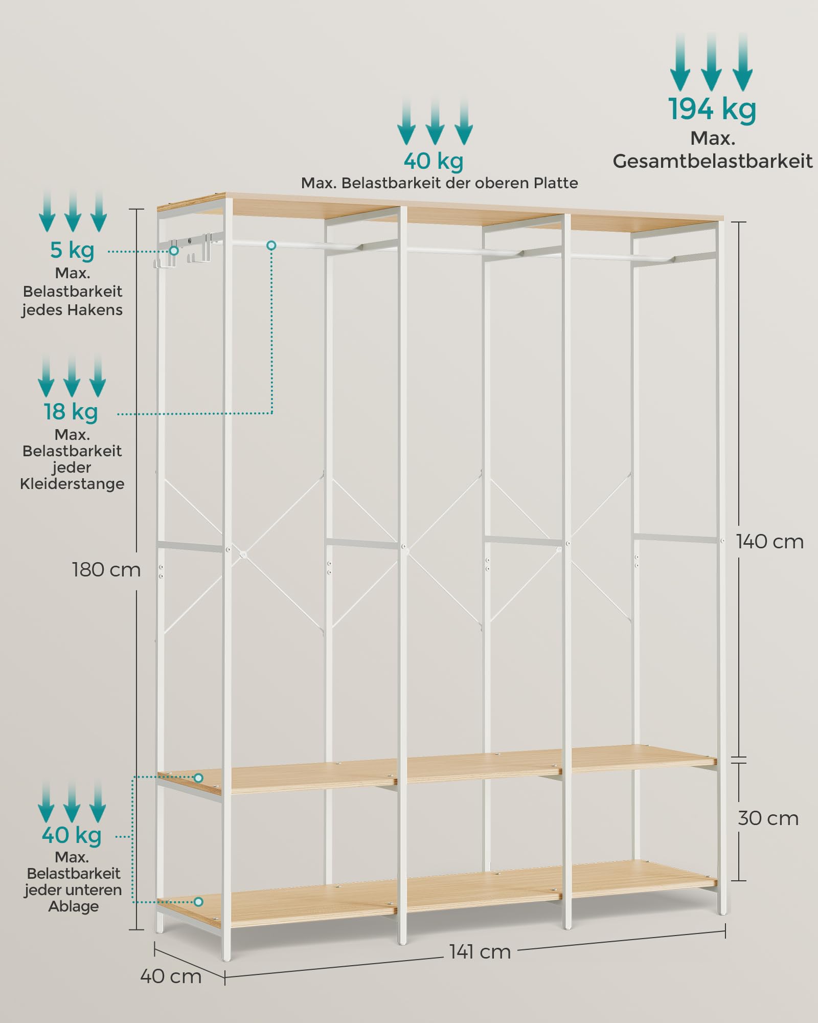 SONGMICS Kleiderschrank offen, Kleiderständer, Garderobenständer, Garderobe mit Kleiderstange, Ablagen, abnehmbare Haken, 40 x 141 x 180 cm, naturbeige RGR005W67