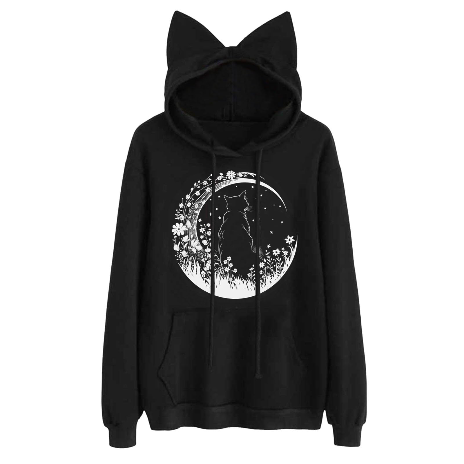 Sudadera con capucha de gato con capucha de manga larga con capucha de conejo, estampado gráfico de gatito, sudaderas esenciales para mujer, sudaderas con capucha Y2K, orejas de gato, blanco, S