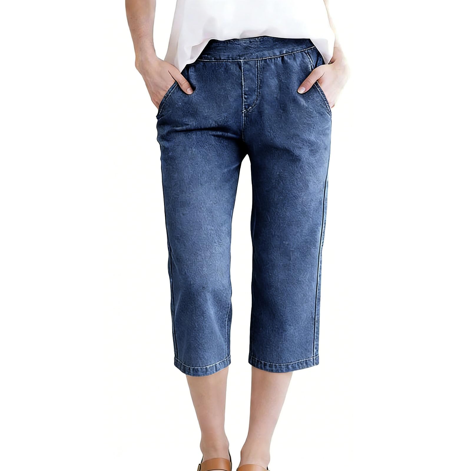 Générique Short Jeans Femme Été Chic Large Shorts Denims et Bermudas Habillé Femmes Pant Jeans Coupe Droite Grande Taille Élastique avec Poches Pantacourt en Jean Confortable Ample Mode Casual