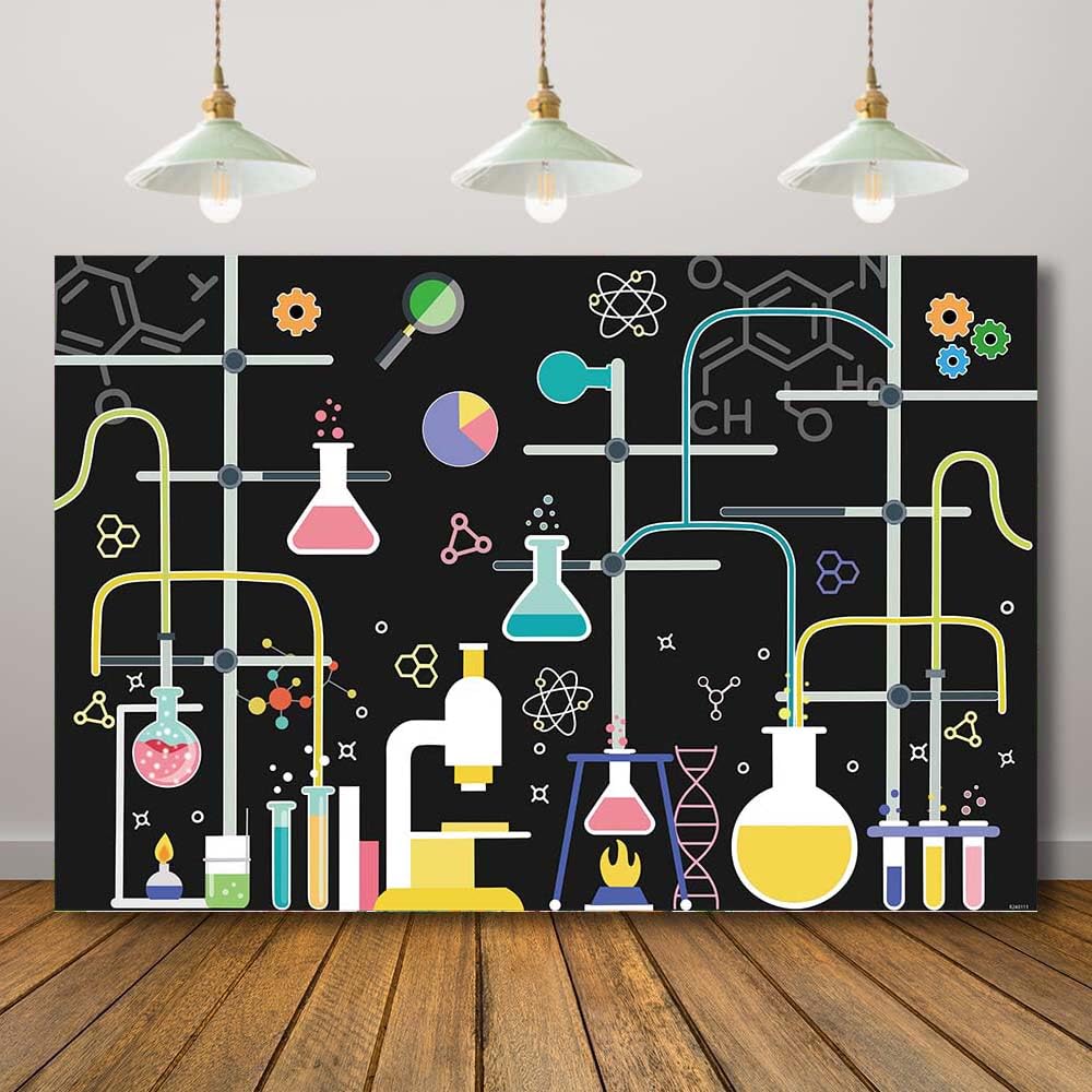 RcoarorChemical Science Backdrop for Birthday Party Lab Mad Scientist Equipment Background Kids Physical Chemistry Experiments Party Decorations Science Research Banner Photography Props 71X47inch
