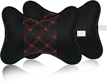 Yobbo Universal Car Neck Rest Pillow Cushion Set Headrest Pain Relief Support with Adjustable Strap Faux Leather, Cotton for All Cars, Home and Office Chair Seat (Red & Black) - image, photos