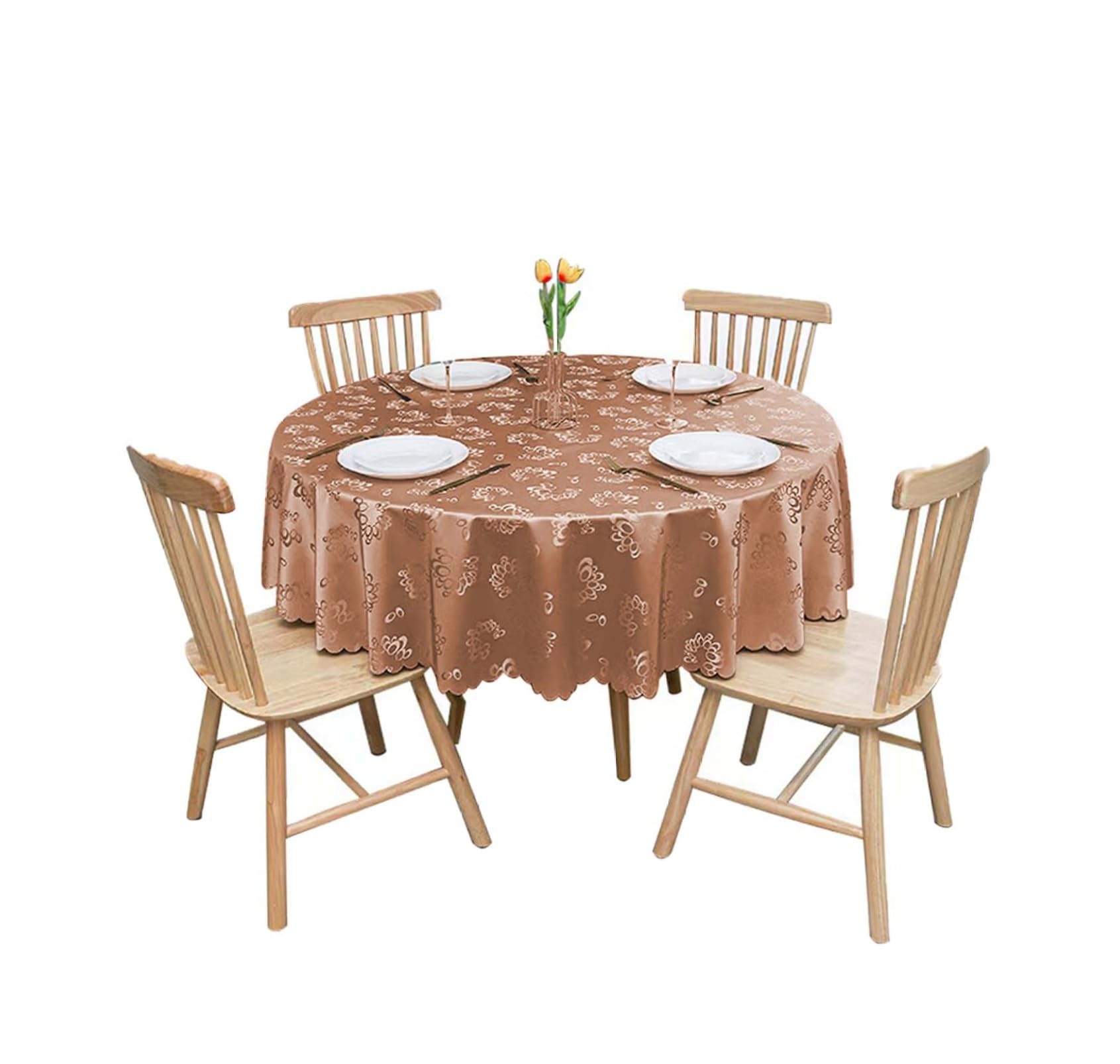 Vervevum Round Table Cloth PU Oilcloth Wax Tablecloth Washable Tendrils Baroque for Kitchen Dinning Holiday -Brown 180 Cm, Round Table Cover