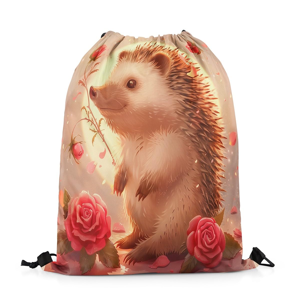 Erosebridal Cute Hedgehog 13x15.7 Drawstring Bags,Cartoon Kawaii Hedgehog Draw String Back Bag,Red Rose Sparkle Moon Drawstring Backpack,Spring Floral