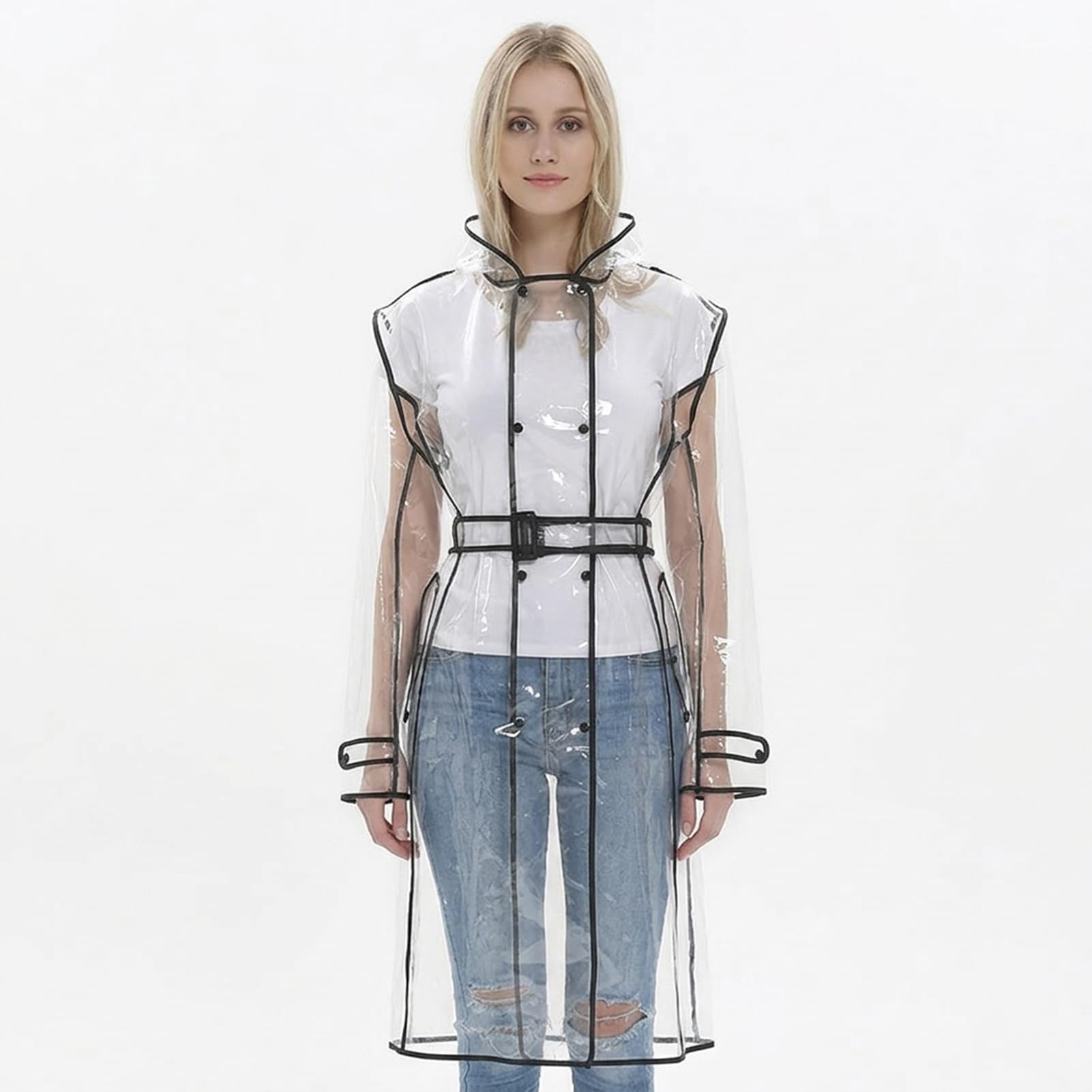 Manteau de pluie portable imperméable pour femme,Poncho transparent et réutilisable résistant à la pluie avec capuche et ceinture pour veste de pluie en plein air, transparent, Taille Unique