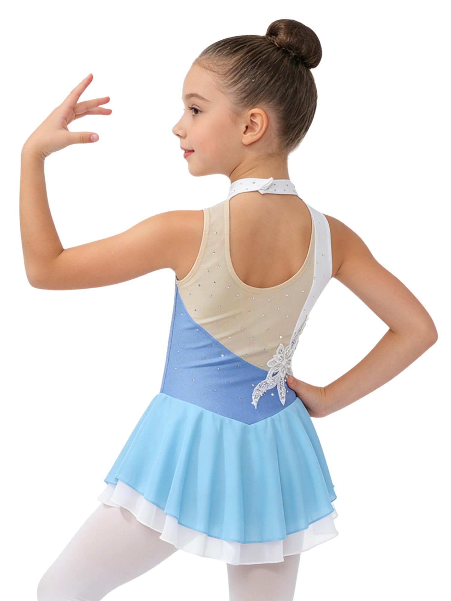 IEFIEL Vestido de Patinaje Artístico para Niña Maillot Ballet con Falda Malla de Gimnasia Rítmica sin Mangas con Lentejuelas Brillantes Vestido de Danza Lírica — view 4