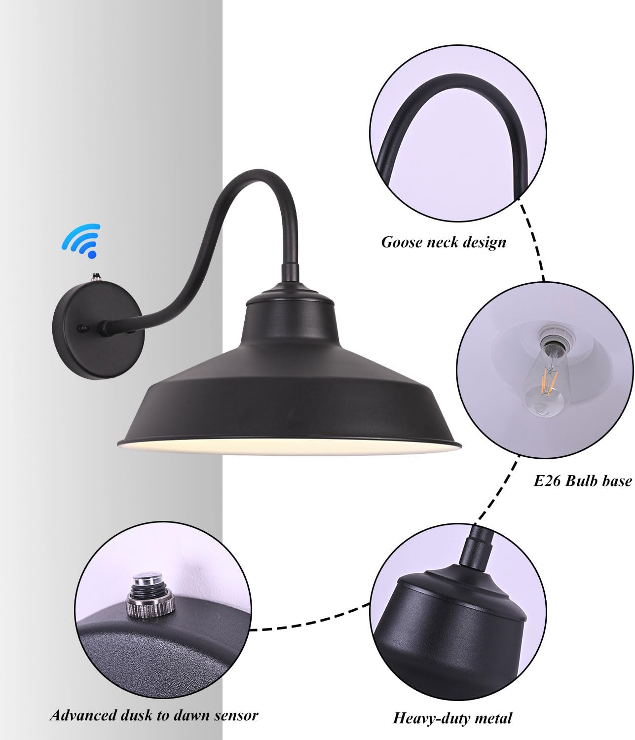 Dusk Till Dawn Gooseneck Wall Lights Black Outdoor Barn Wall Sconce Farmhouse Wall Mount Lights Black on The Outside, White on The Inside lampshade for Porch Entryway Garage 14in