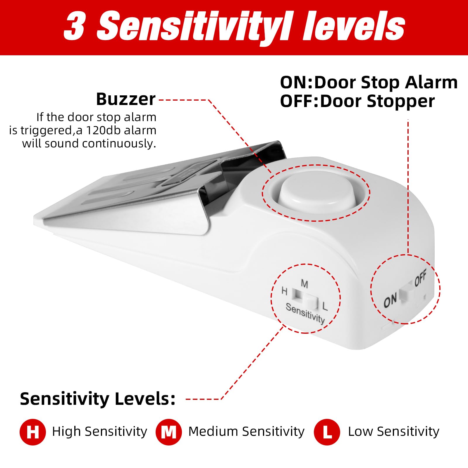 Alarma portátil de tope de puerta y cerradura de puerta de hotel de viaje, no requiere instalación, proporciona doble seguridad para el hogar, hotel y viajes (2 cerraduras de puerta + 3 topes