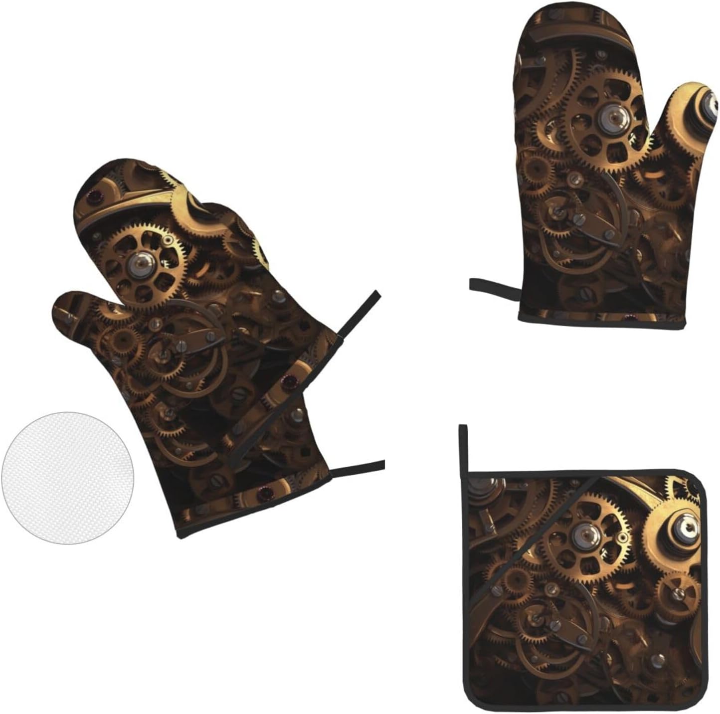 (Cool Steampunk Gears) Baking 4-Piece Set: 2 Oven Mitts and 2 Pot Holders Heat Resistant Waterproof Hanging Loop for Kitchen Oven Grill Housewarming Gifts