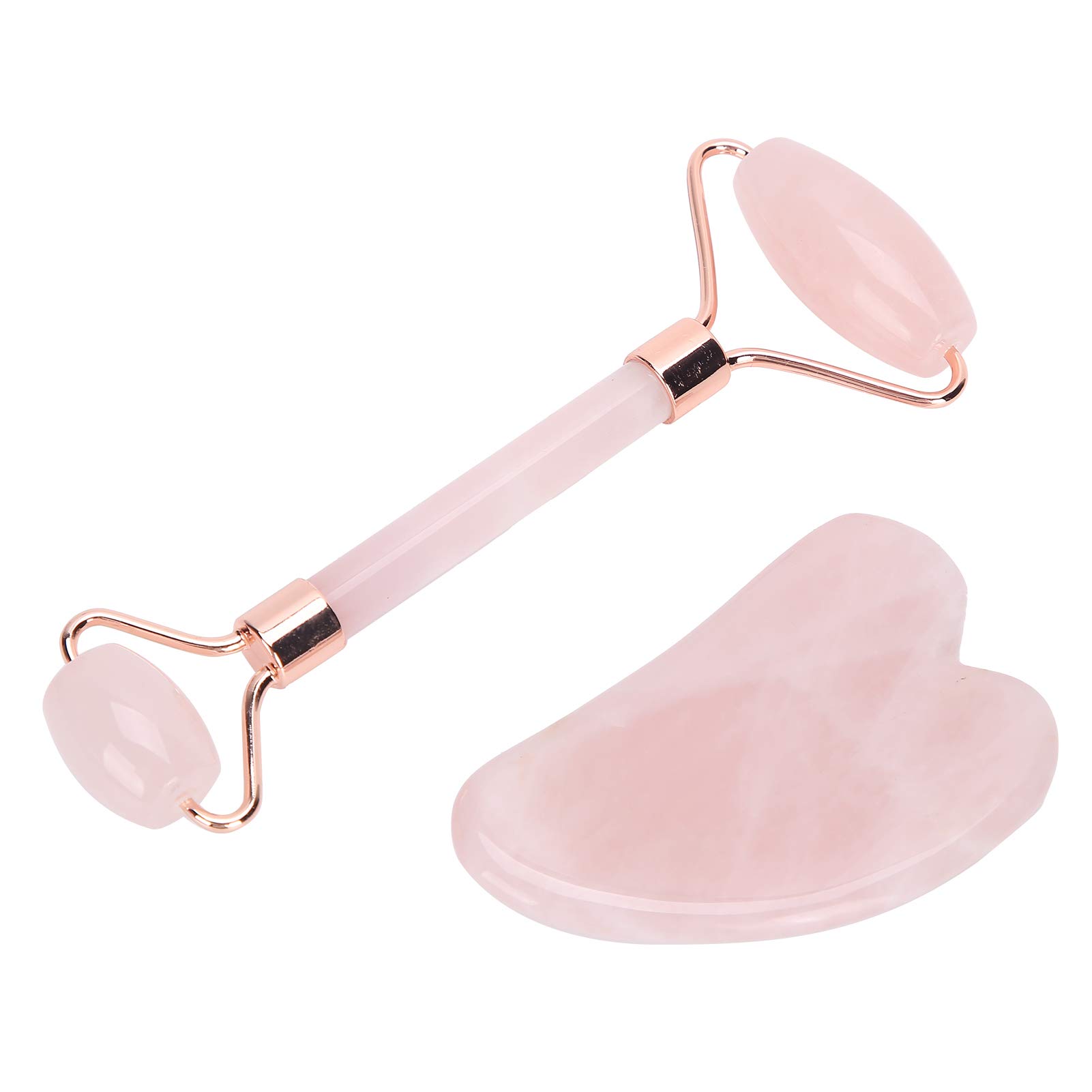 Rodillo Facial de Cuarzo Rosa, Gua Sha y Masajeador para Contorno de Ojos - Set de Masaje para Rostro y Cuello en Piedra de Cuarzo Auténtica 100% Natural | Tonifica, Desinflama Ojeras, Reafirmante(1)