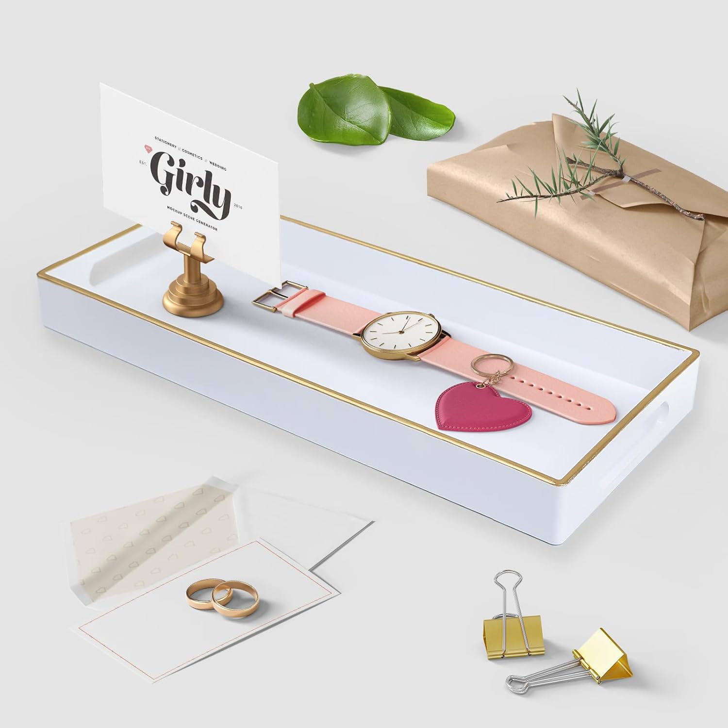 White Bathroom Vanity Tray for Countertop, Small Plastic Toilet Tank Versatile Storage & Organization Tray for Makeup, Perfume, Desk, Kitchen, Candles, 13.7"x6"x1.4", 35W - Image 2